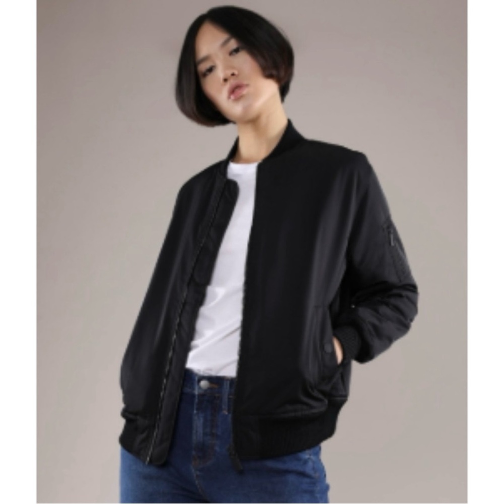 Grana Black Quilted Satin Bomber Zip Jacket